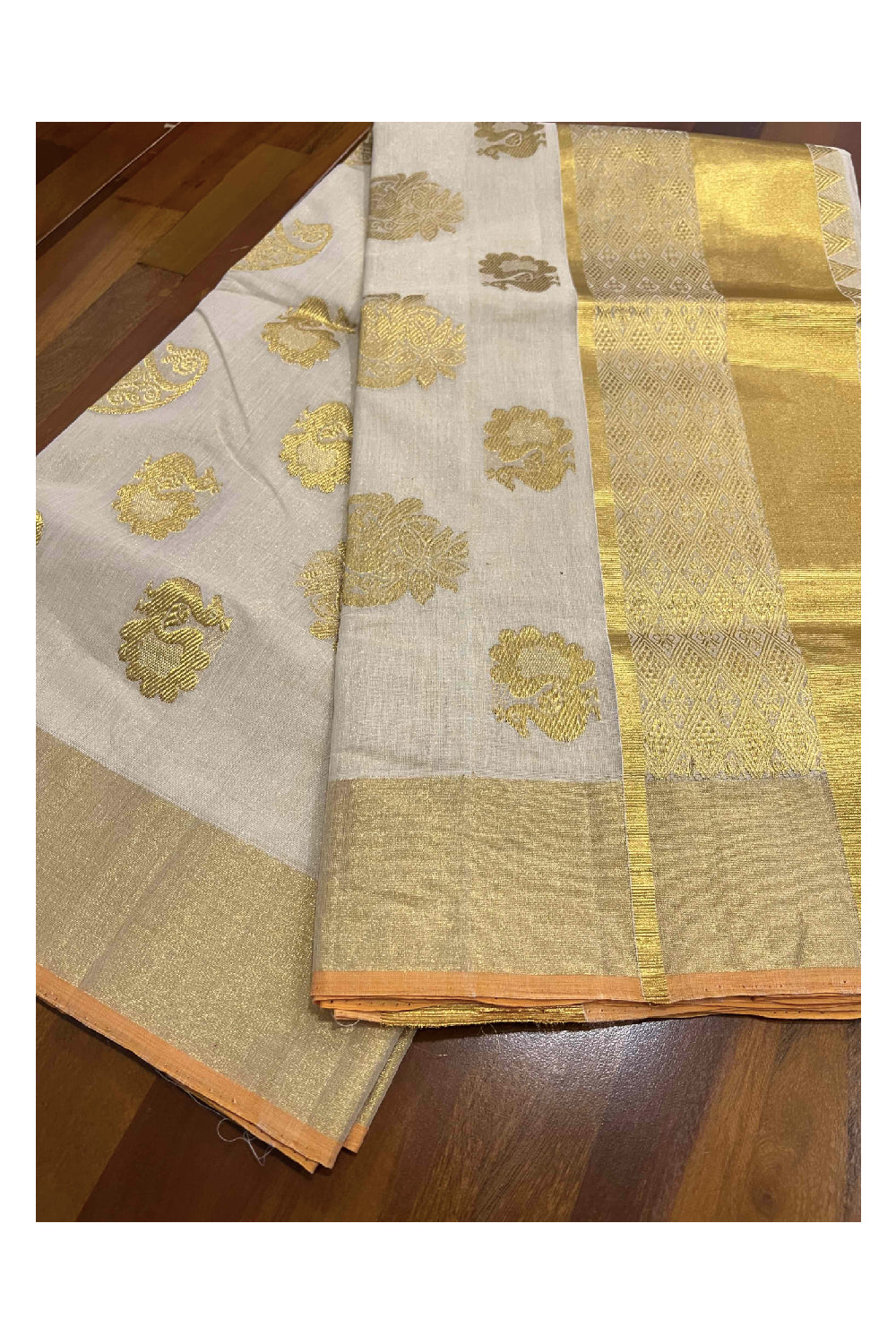 Southloom™ Original Handloom Kasavu Tissue Heavy Work Saree with Handwoven Peacock Design