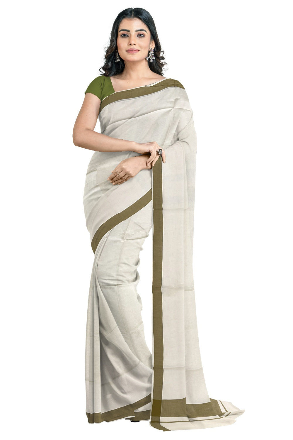 Pure Cotton Plain Kerala Saree with Olive Green Border