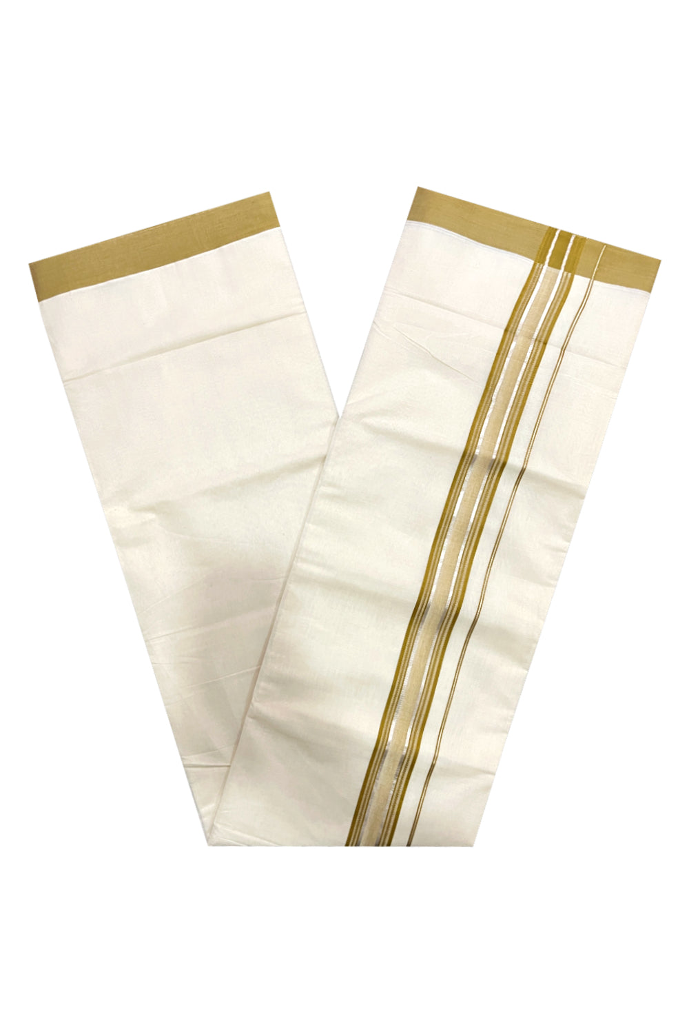 Pure Cotton Off White Double Mundu with Olive Green and Silver Kara (South Indian Dhoti)