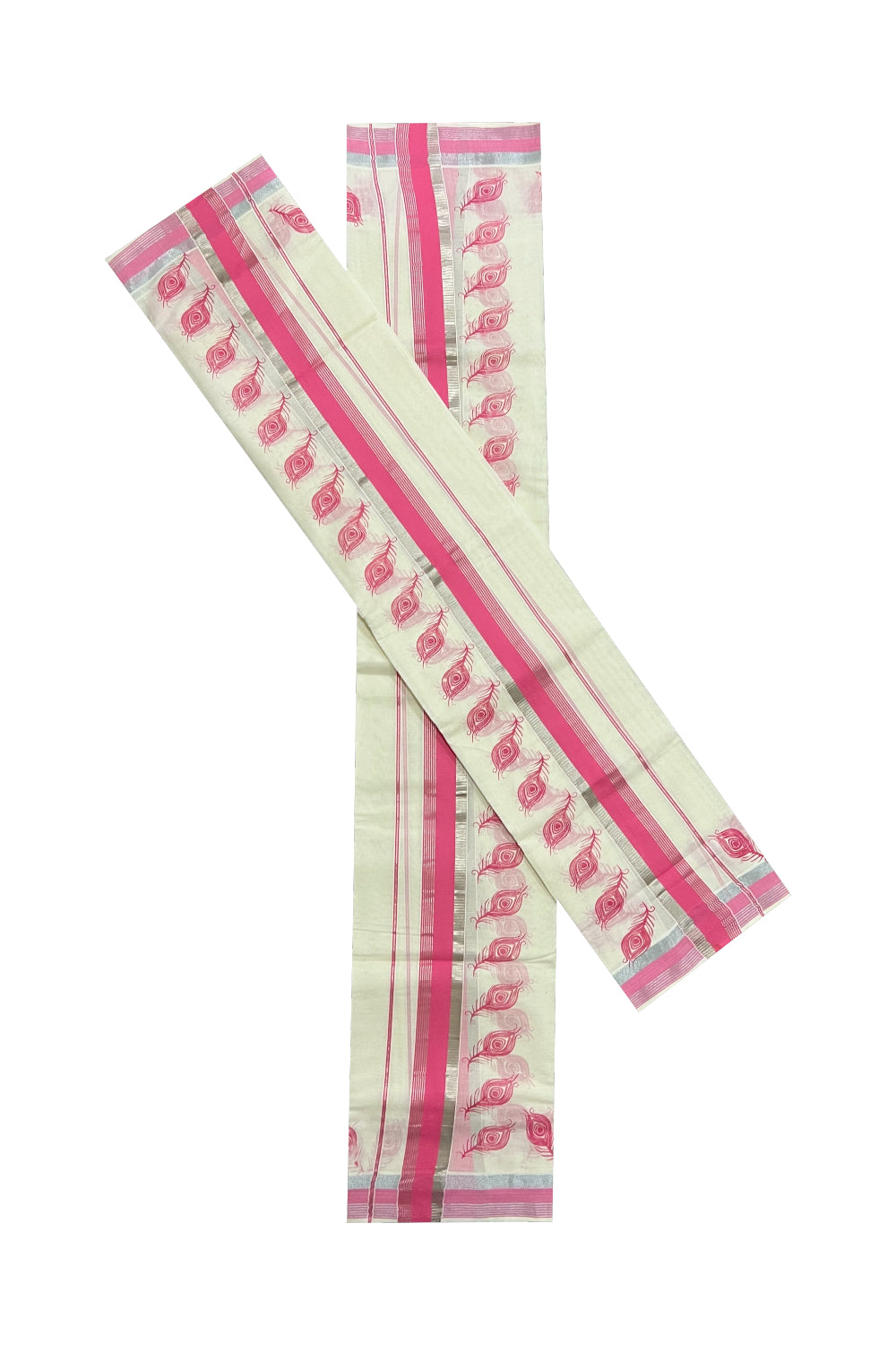 Kerala Cotton Set Mundu (Mundum Neriyathum) with Pink Feather Block Prints and Silver Border