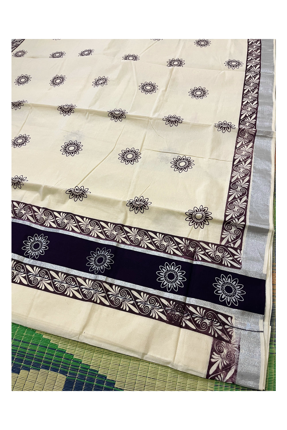 Pure Cotton Kerala Saree with Brown Block Prints and Silver Kasavu Border (Onam Saree 2023)