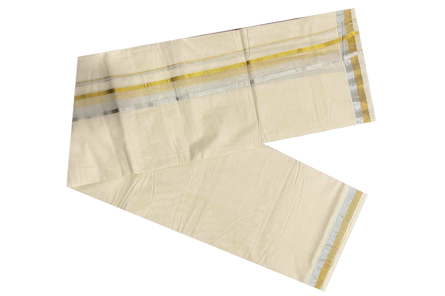 Off White Kerala Double Mundu with Silver and Golden Kasavu Border (South Indian Dhoti)