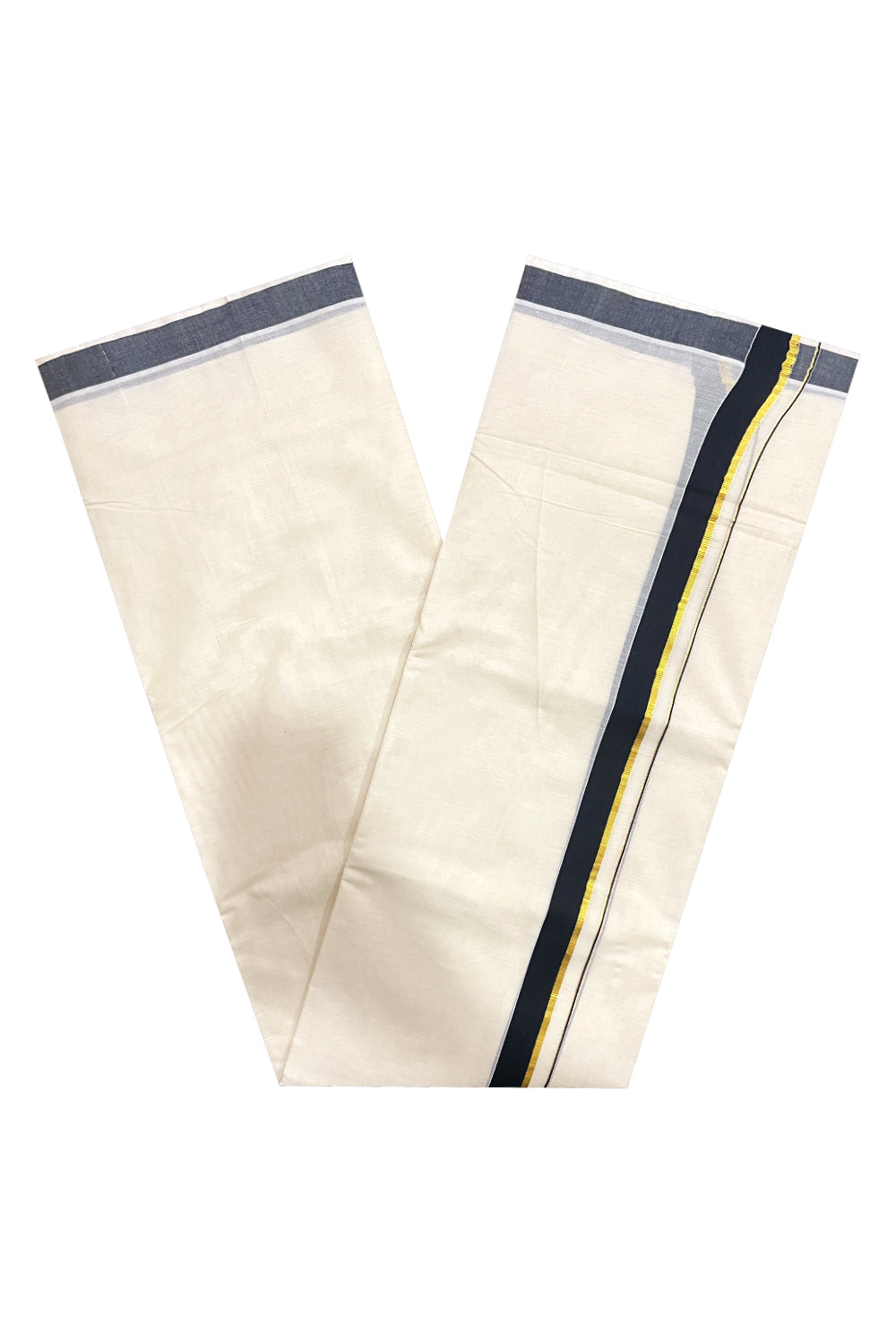 Pure Cotton Off White Double Mundu with Black and Kasavu Kara (South Indian Dhoti)