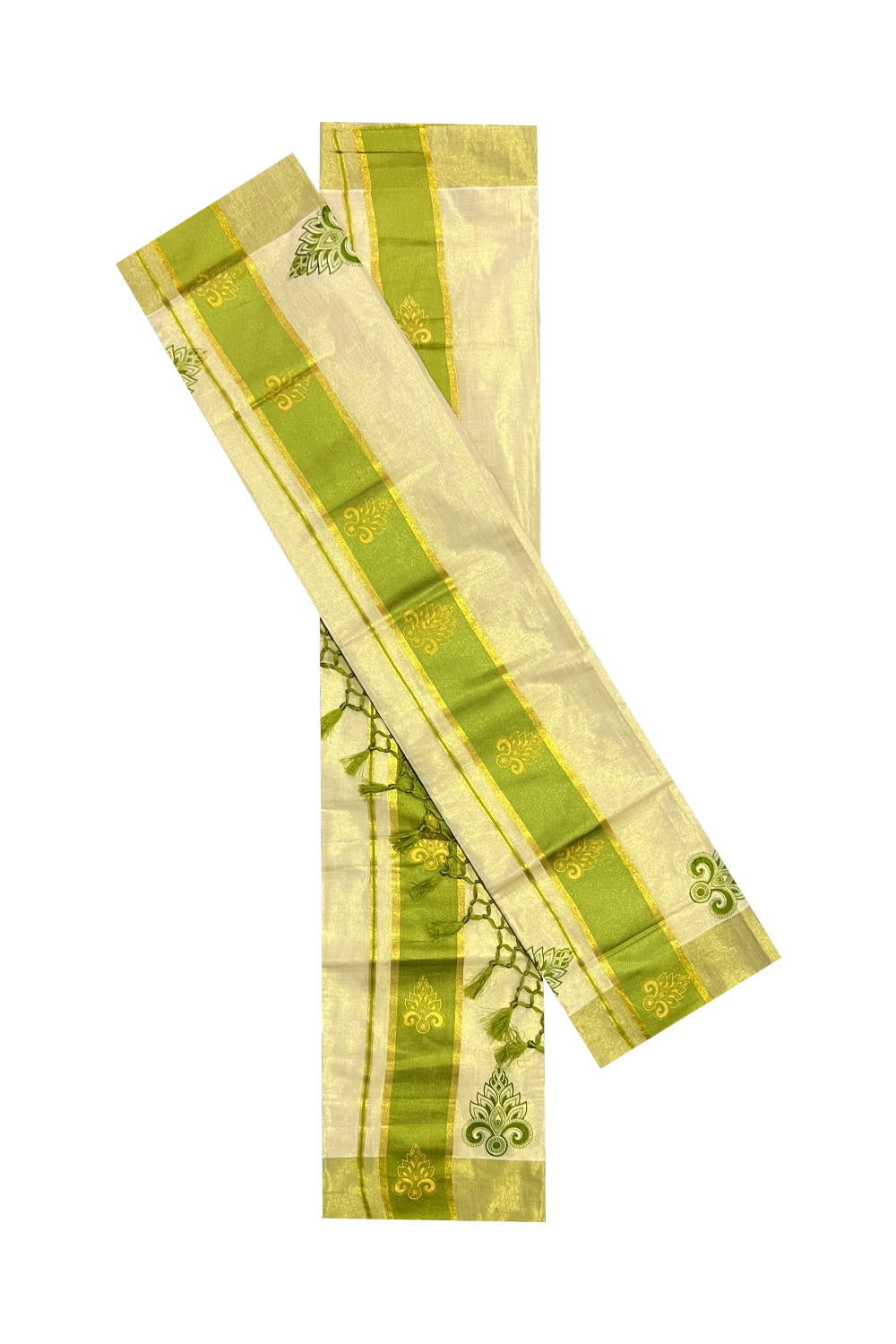 Kerala Tissue Kasavu Set Mundu (Mundum Neriyathum) with Golden and Light Green Block Prints and Tassels