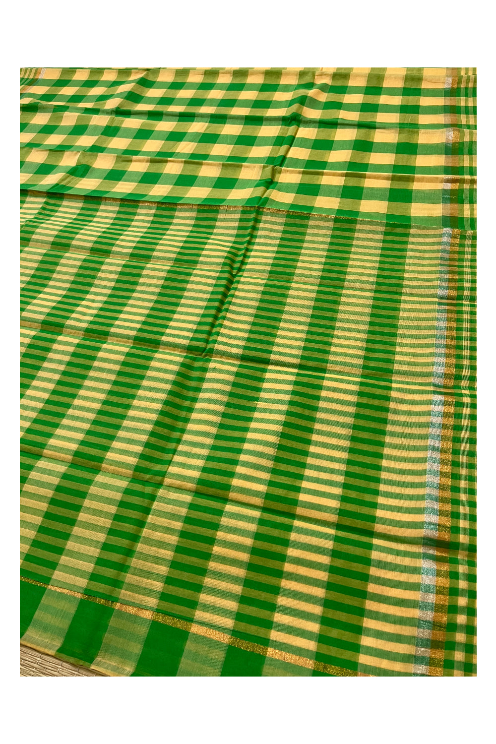 Pure Cotton Green and Yellow Saree with Check Patterns