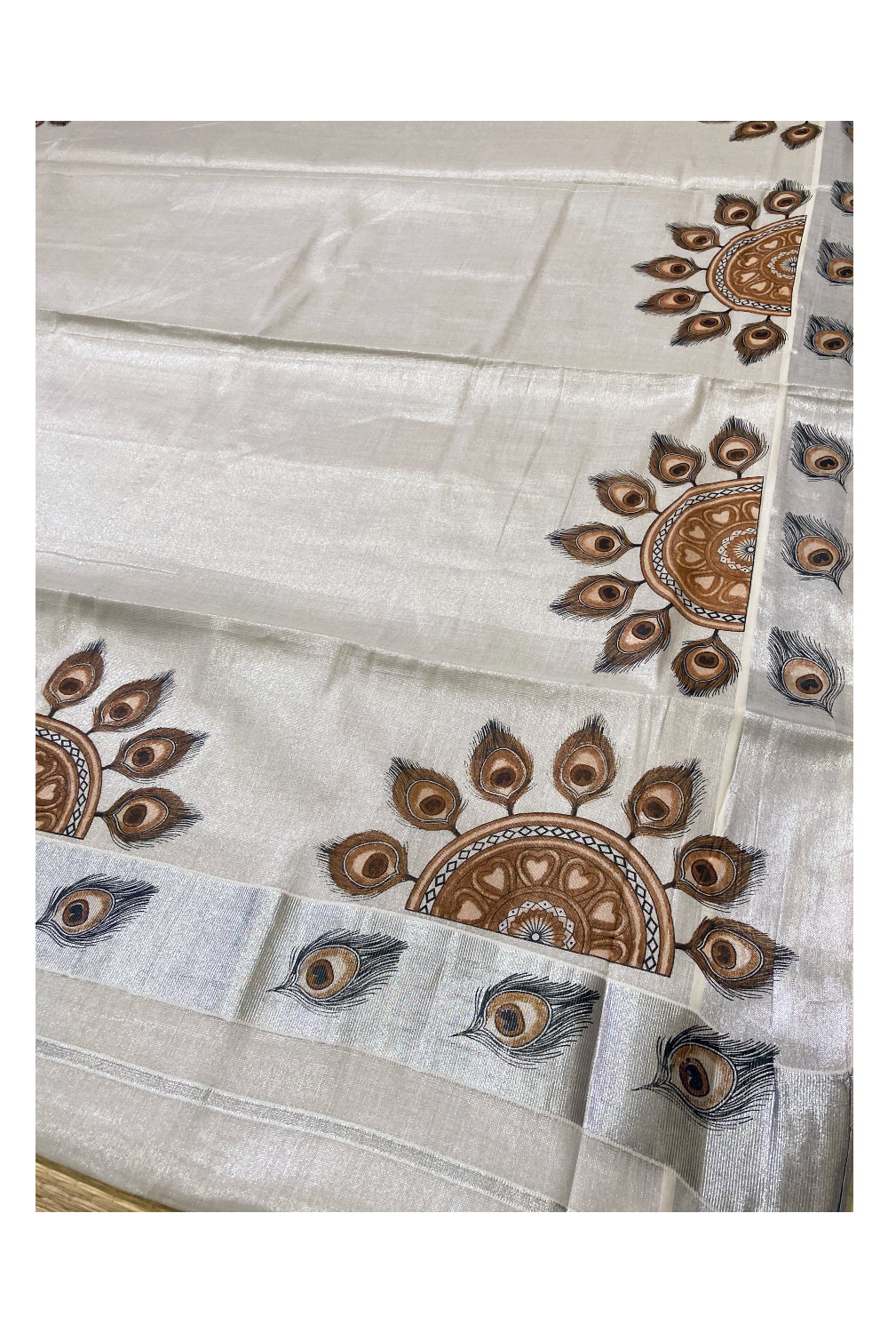 Kerala Silver Tissue Kasavu Saree with Feather Semi Circle Mural Prints