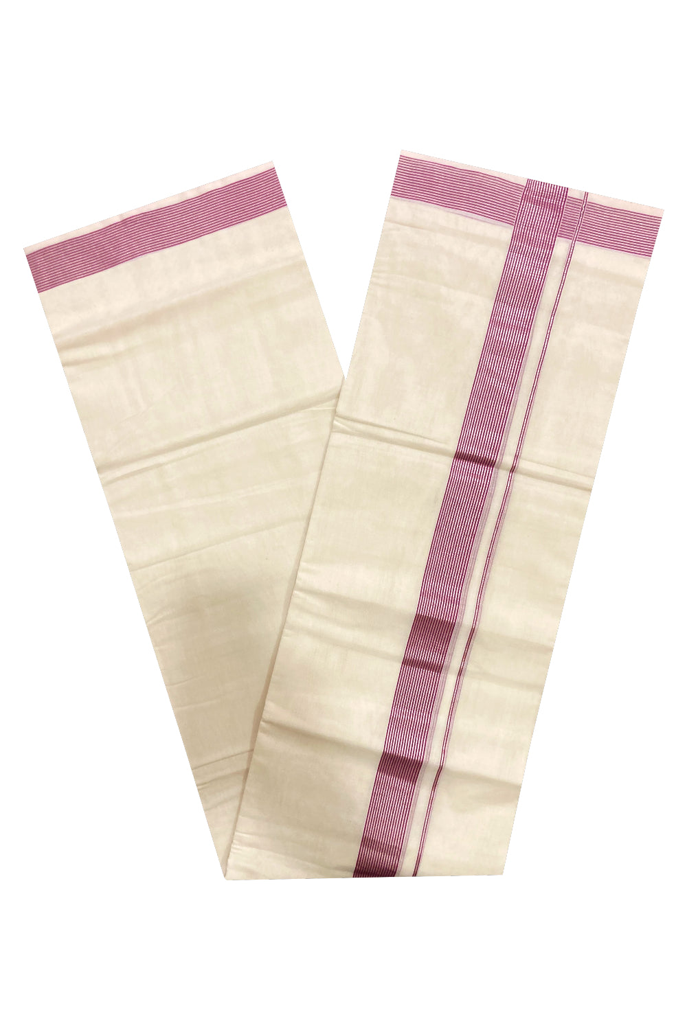 Southloom Premium Handloom Pure Cotton Mundu with Magenta and Silver Kasavu Lines Border (South Indian Dhoti)