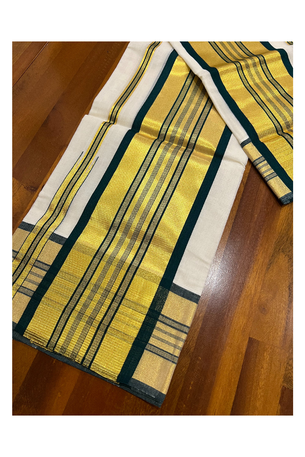 Southloom Premium Handloom Set Mundu with Kasavu and Dark Green Stripes Border 2.80 Mtrs