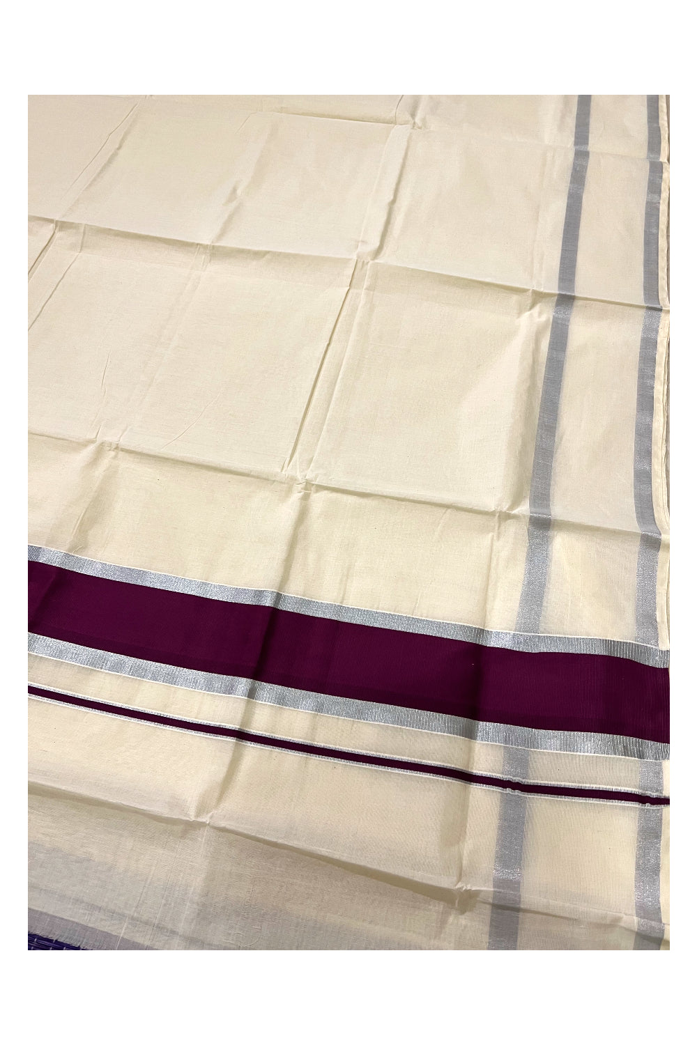 Pure Cotton Kerala Plain Saree with Silver Kasavu and Purple Pallu