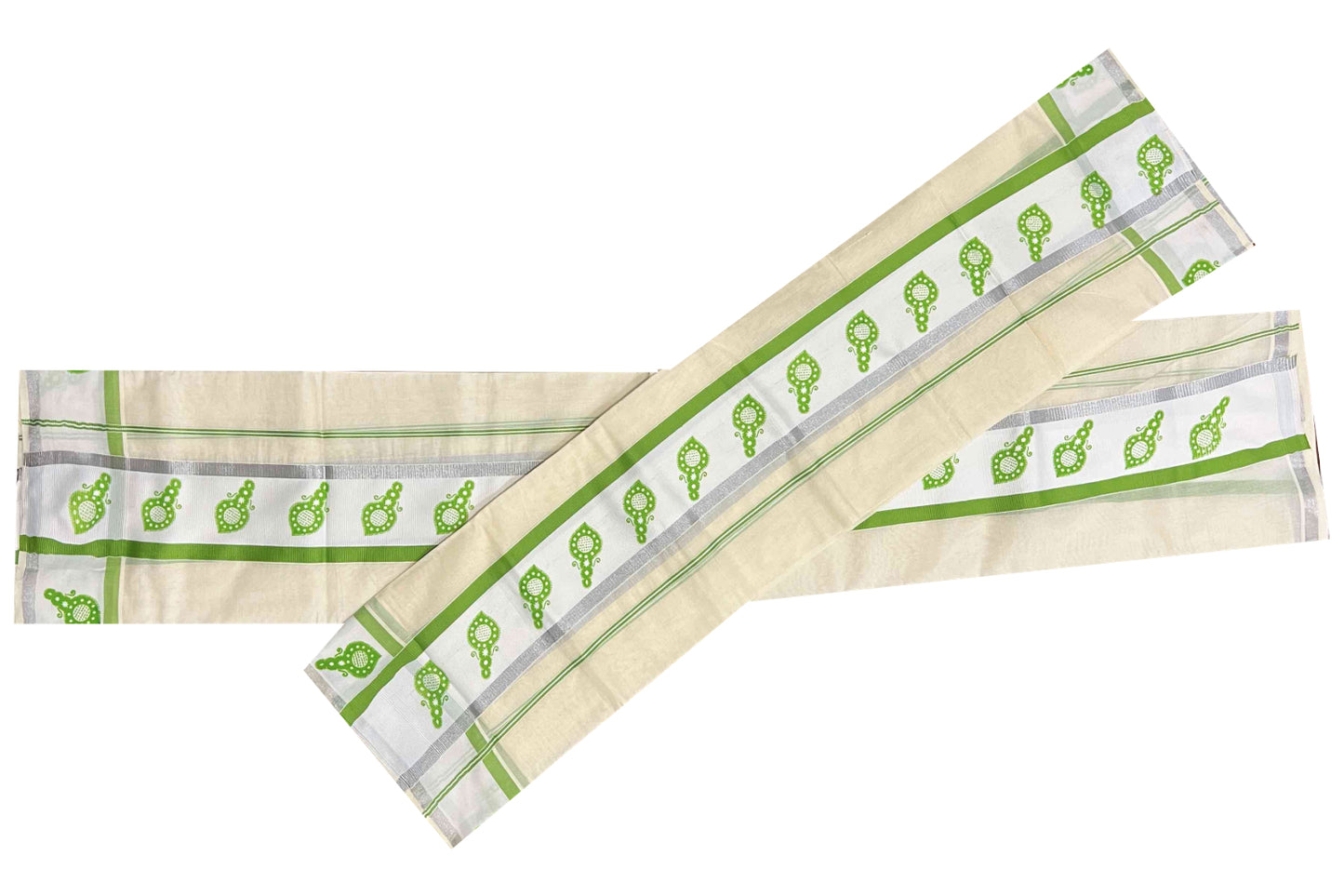 Kerala Cotton Set Mundu (Mundum Neriyathum) with Silver Kasavu and Light Green Block Printed Border