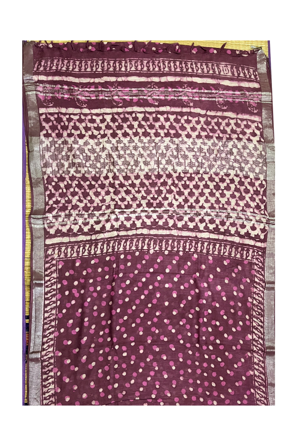 Southloom Linen Designer Violet Saree with Fabric Prints on Body and Tassels Works