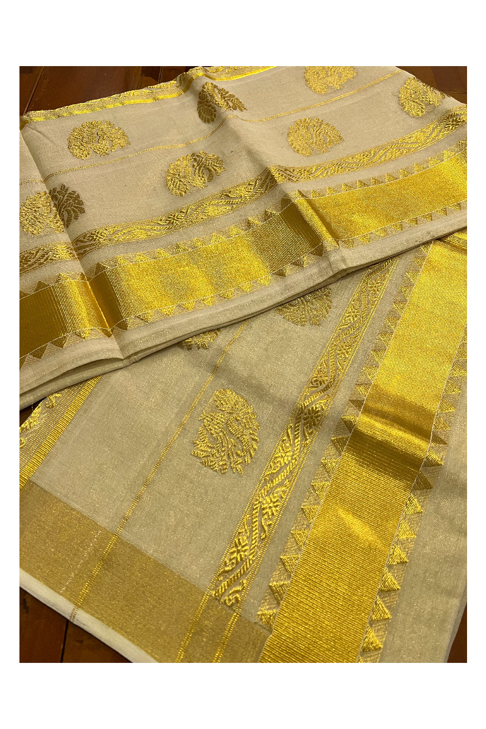 Southloom Premium Handloom Tissue Kasavu Saree with Hand Woven Motifs