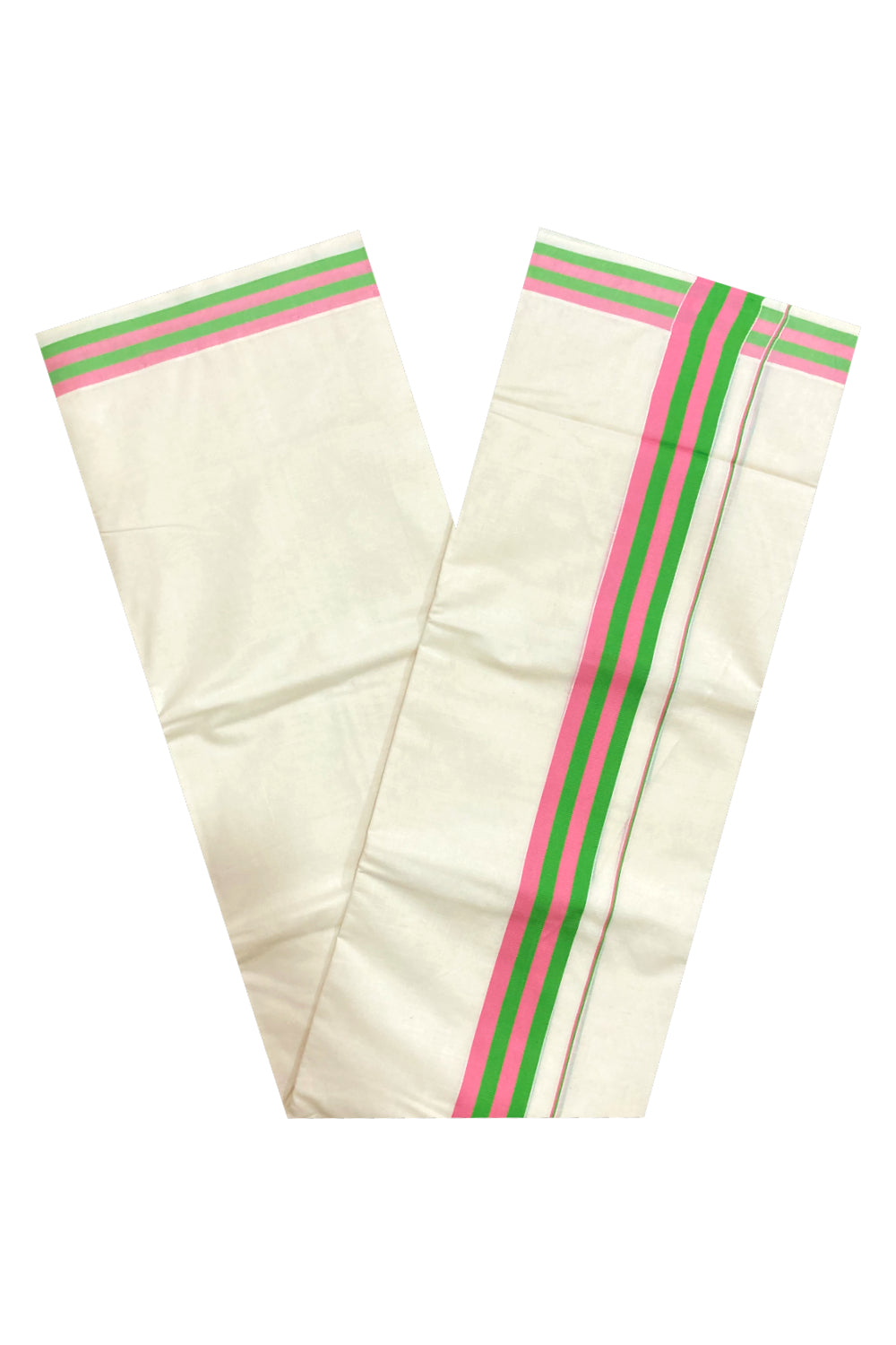 Pure Cotton Off White Double Mundu with Pink and Green Border (South Indian Dhoti)