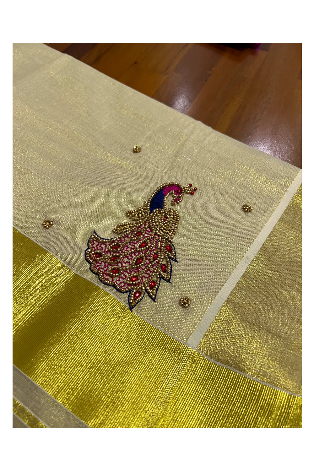 Kerala Tissue Kasavu Saree with Peacock Themed Bead Work Design and Magenta Blouse Piece