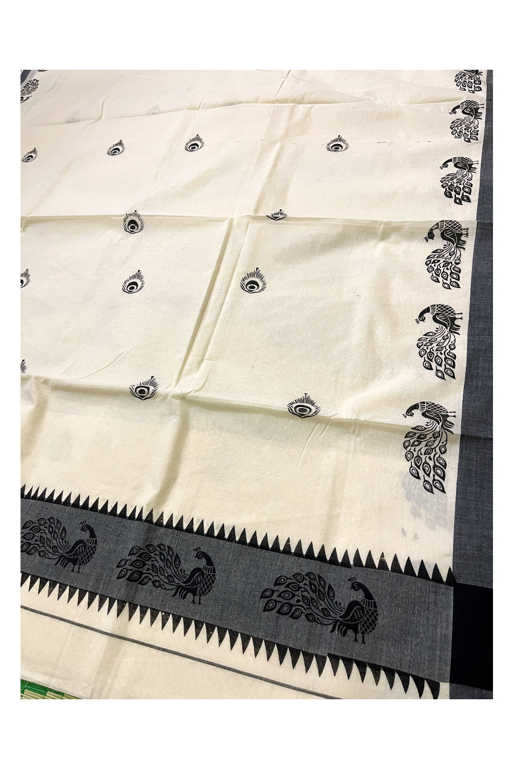 Pure Cotton Off White Kerala Saree with Black Temple Block Prints on Border (Vishu Saree 2023)