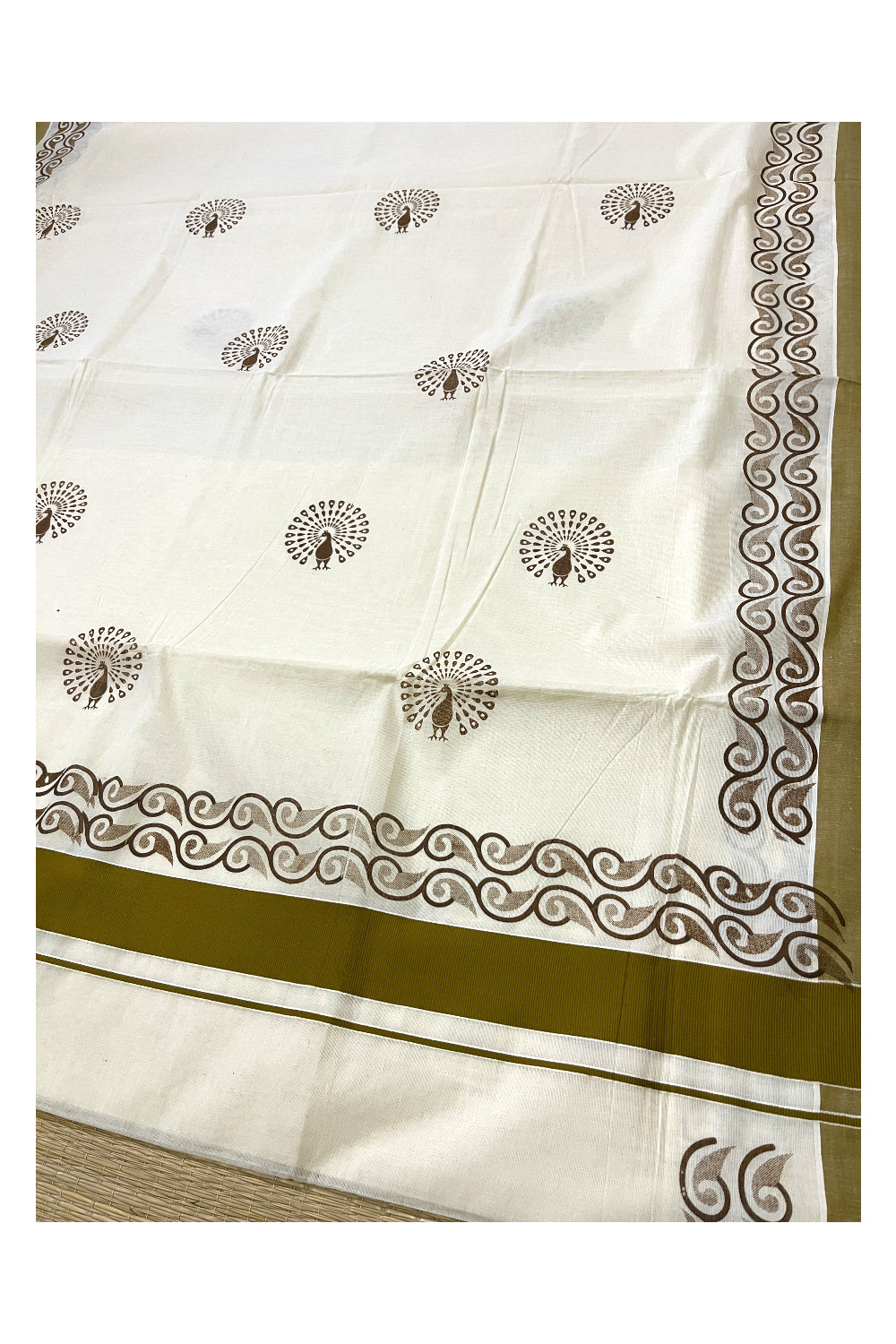 Pure Cotton Kerala Saree with Olive Peacock Block Printed Design