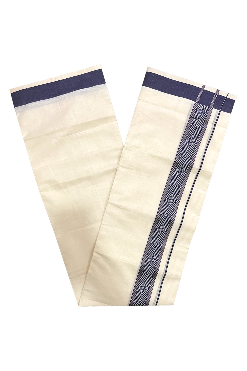 Pure Cotton Off White Double Mundu with Silver Kasavu and Navy Blue Woven Border (South Indian Dhoti)