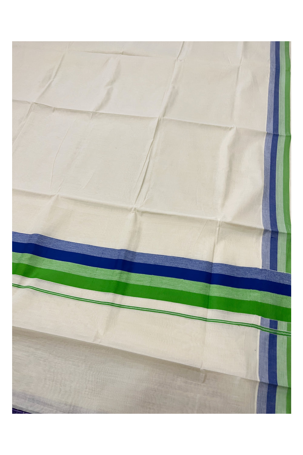 Kerala Cotton Saree with Light Green and Blue Lines Border Design