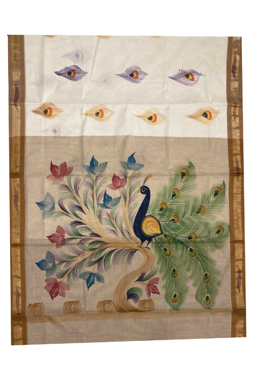 Southloom Saffron Handpainted Mural Kerala Kasavu Saree with Peacock Art