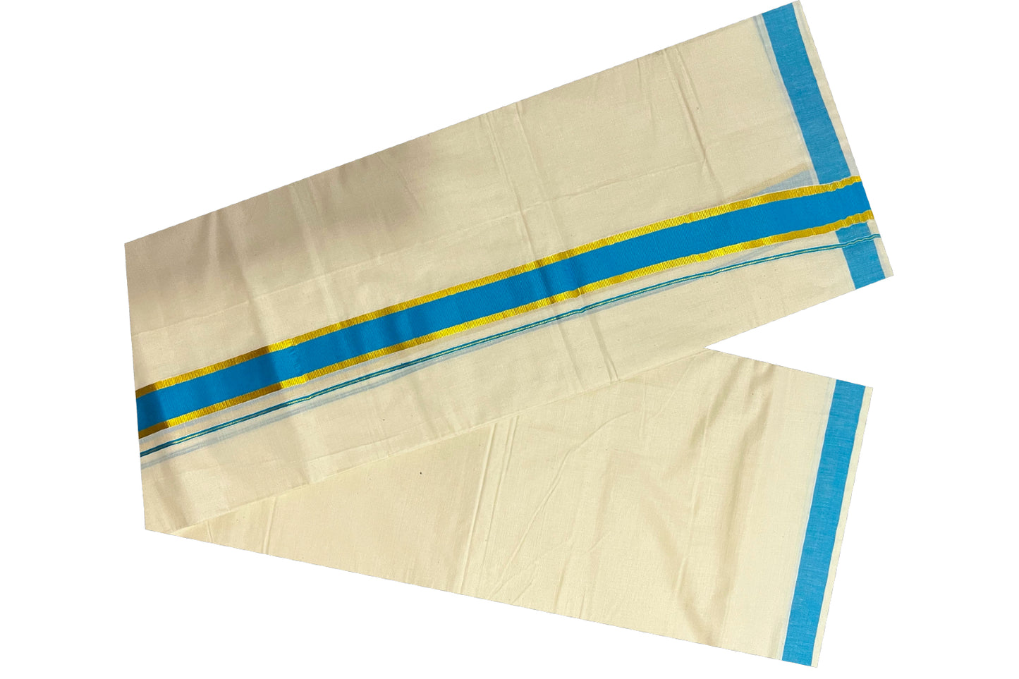 Off White Pure Cotton Double Mundu with Kasavu and Light Blue Kara (South Indian Dhoti)