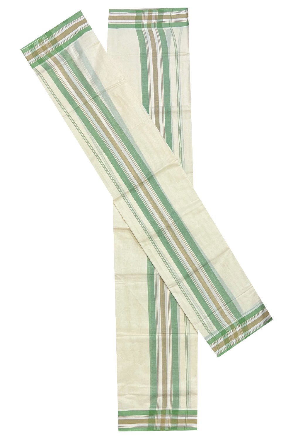 Kerala Cotton Mundum Neriyathum Single (Set Mundu) with Light Green and Beige Mulloth Border (Extra Soft Cotton)