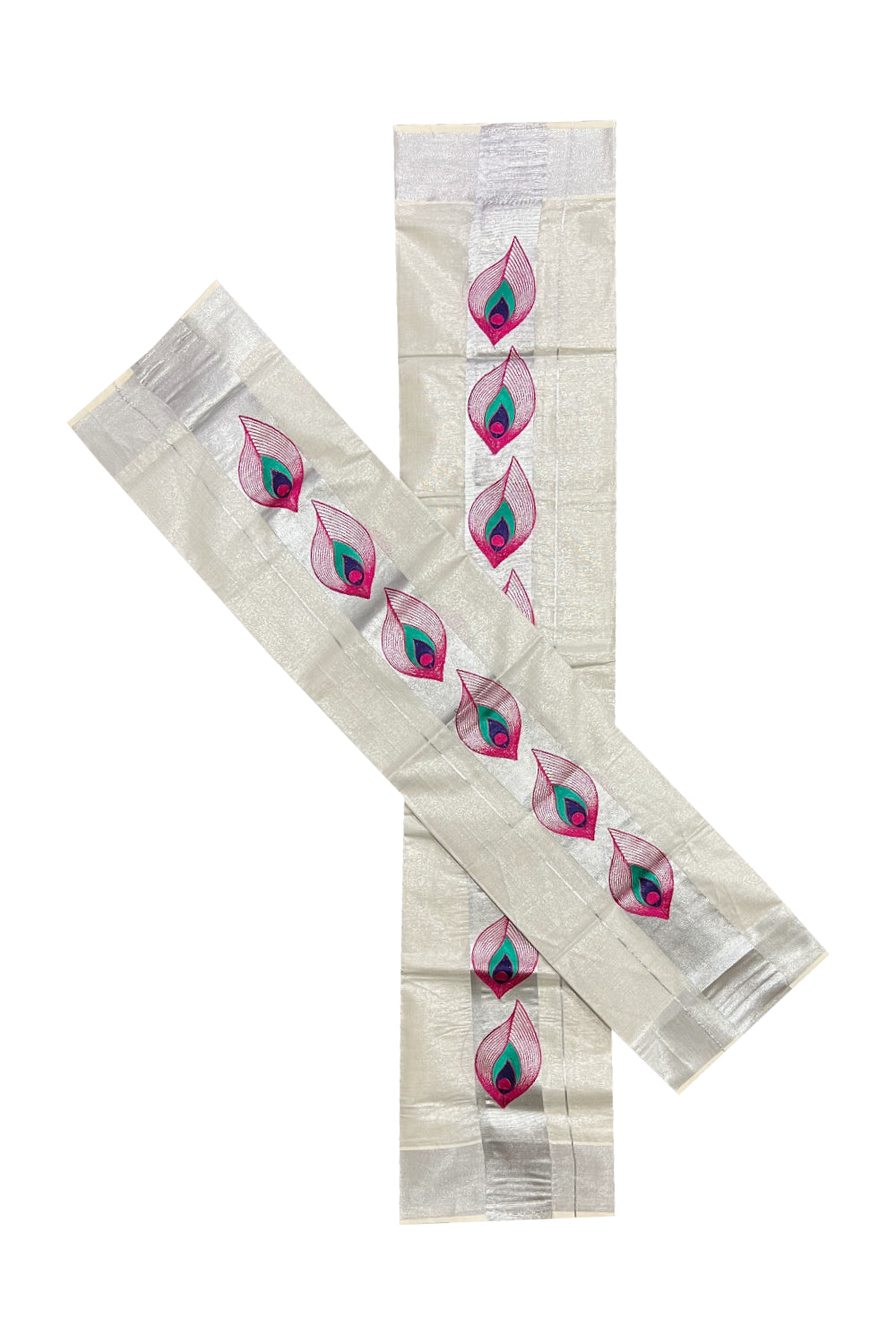 Kerala Silver Tissue Kasavu Set Mundu (Mundum Neriyathum) with Pink Feather Thread Works on Border 2.80 Mtrs