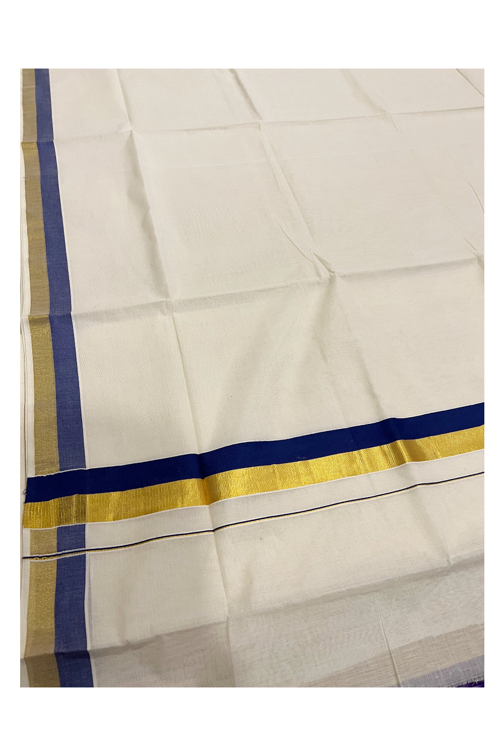 Kerala Pure Cotton Plain Saree with Kasavu Blue 2 inch Border and Pallu