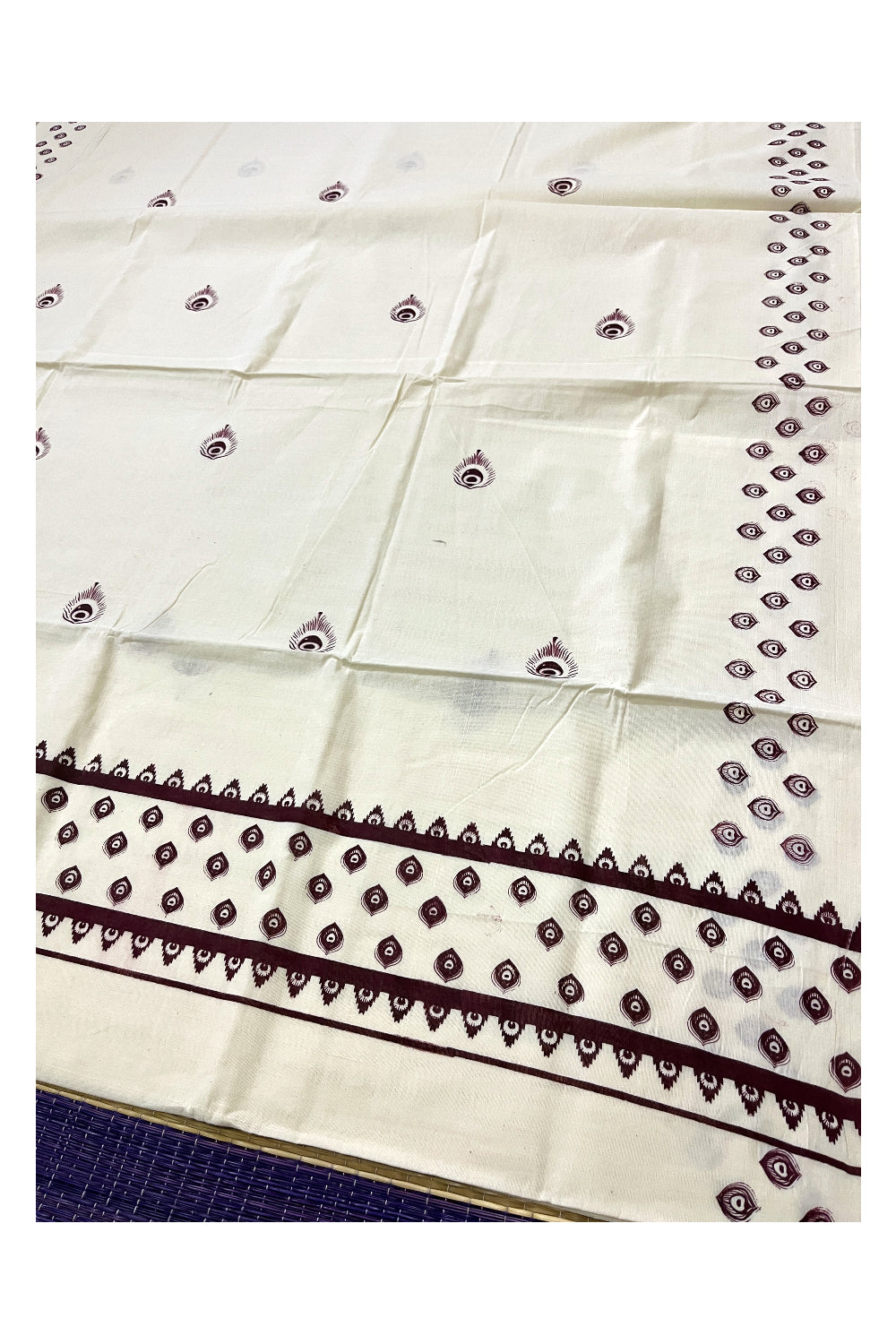 Pure Cotton Off White Kerala Saree with Brown Block Print Border (Vishu Saree 2023)