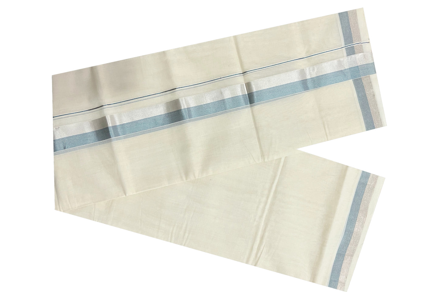 Southloom Balaramapuram Handloom Pure Cotton Mundu with Silver and Teal Blue Kasavu Border (South Indian Dhoti)