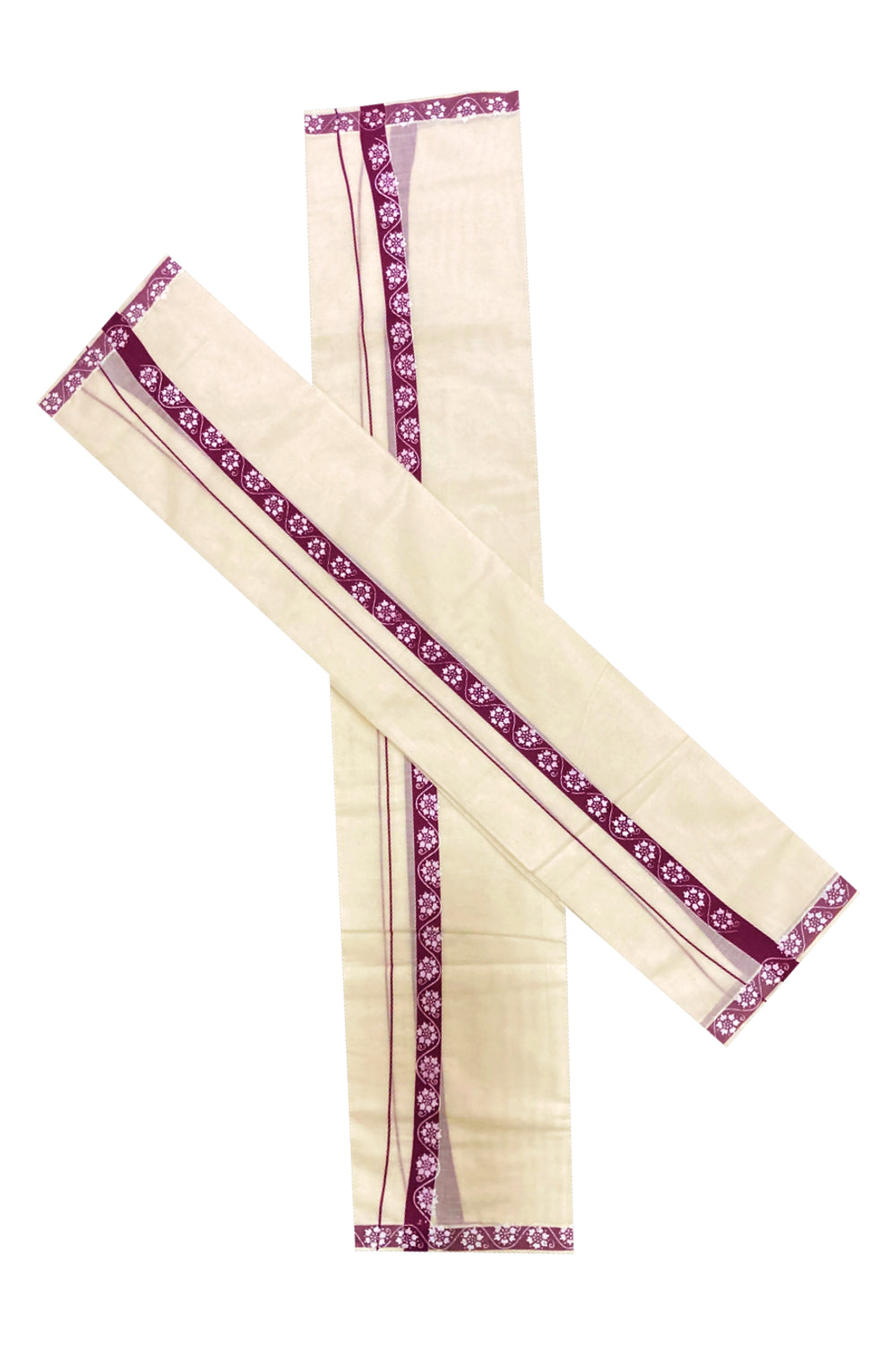 Pure Cotton Set Mundu (Mundum Neriyathum) with White Floral Block Prints on 1 inch Purple Border