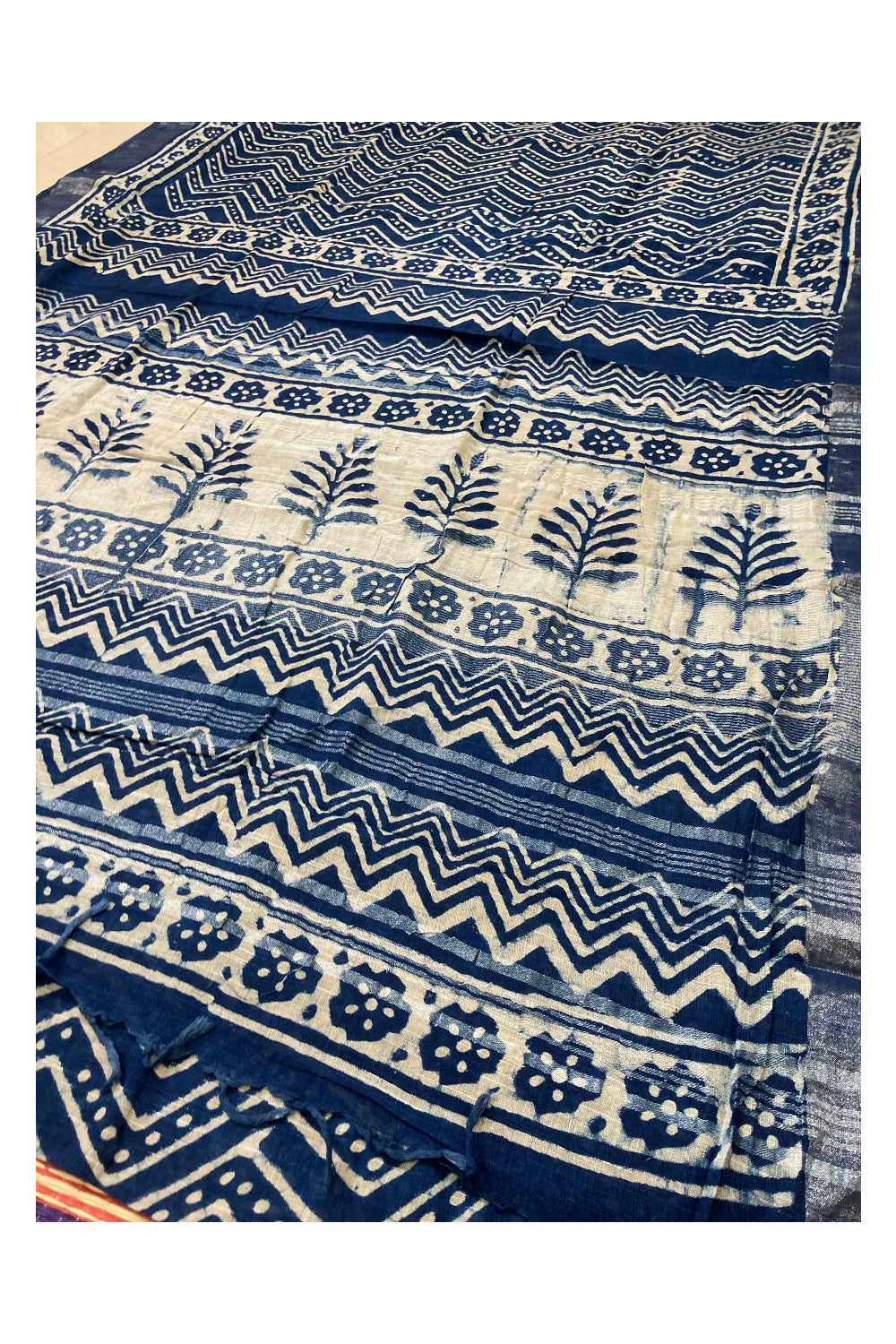 Southloom Linen Indigo Blue Saree with White Designer Prints and Tassels works on Pallu