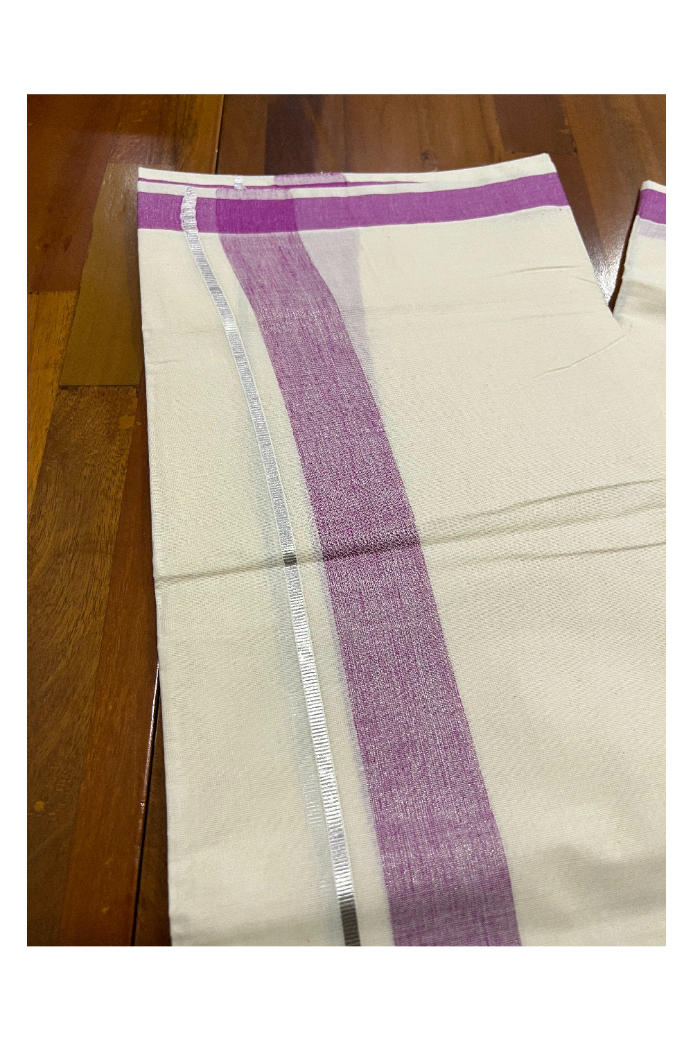 Pure Cotton Off White Double Mundu with Magenta and Silver Kasavu Border (South Indian Dhoti)