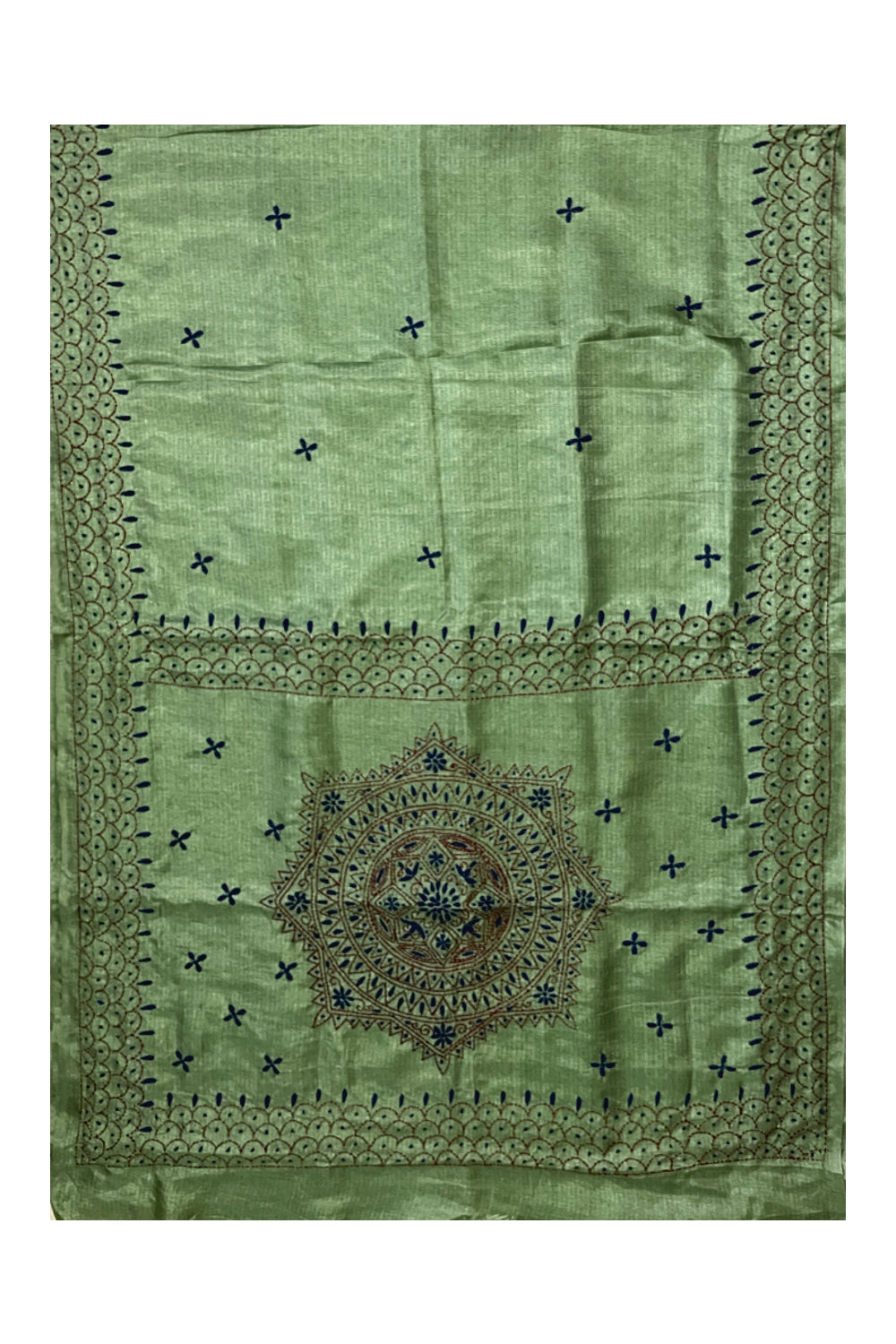 Southloom Semi Tussar Kantha Thread Work Green Saree