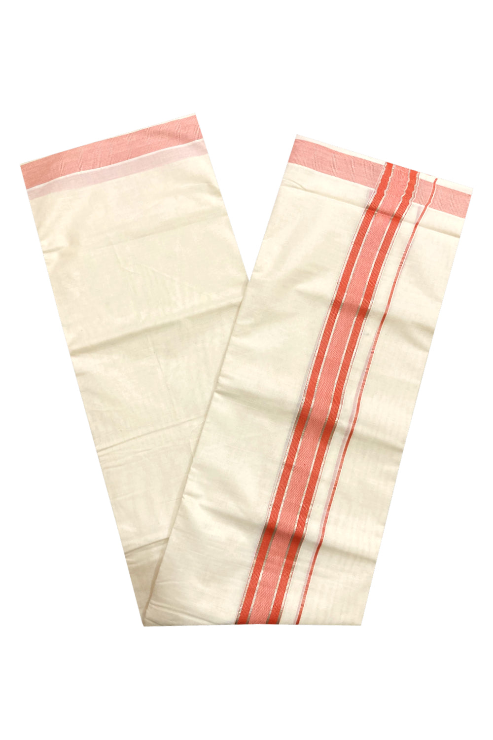 Off White Pure Cotton Double Mundu with Silver Kasavu and Orange Border (South Indian Kerala Dhoti)