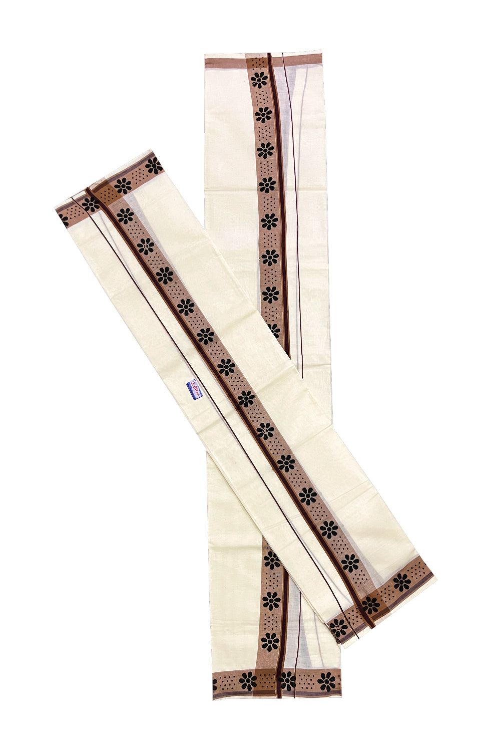 Kerala Cotton Set Mundu (Mundum Neriyathum) with Black Block Prints on Brown Border 2.80 Mtrs