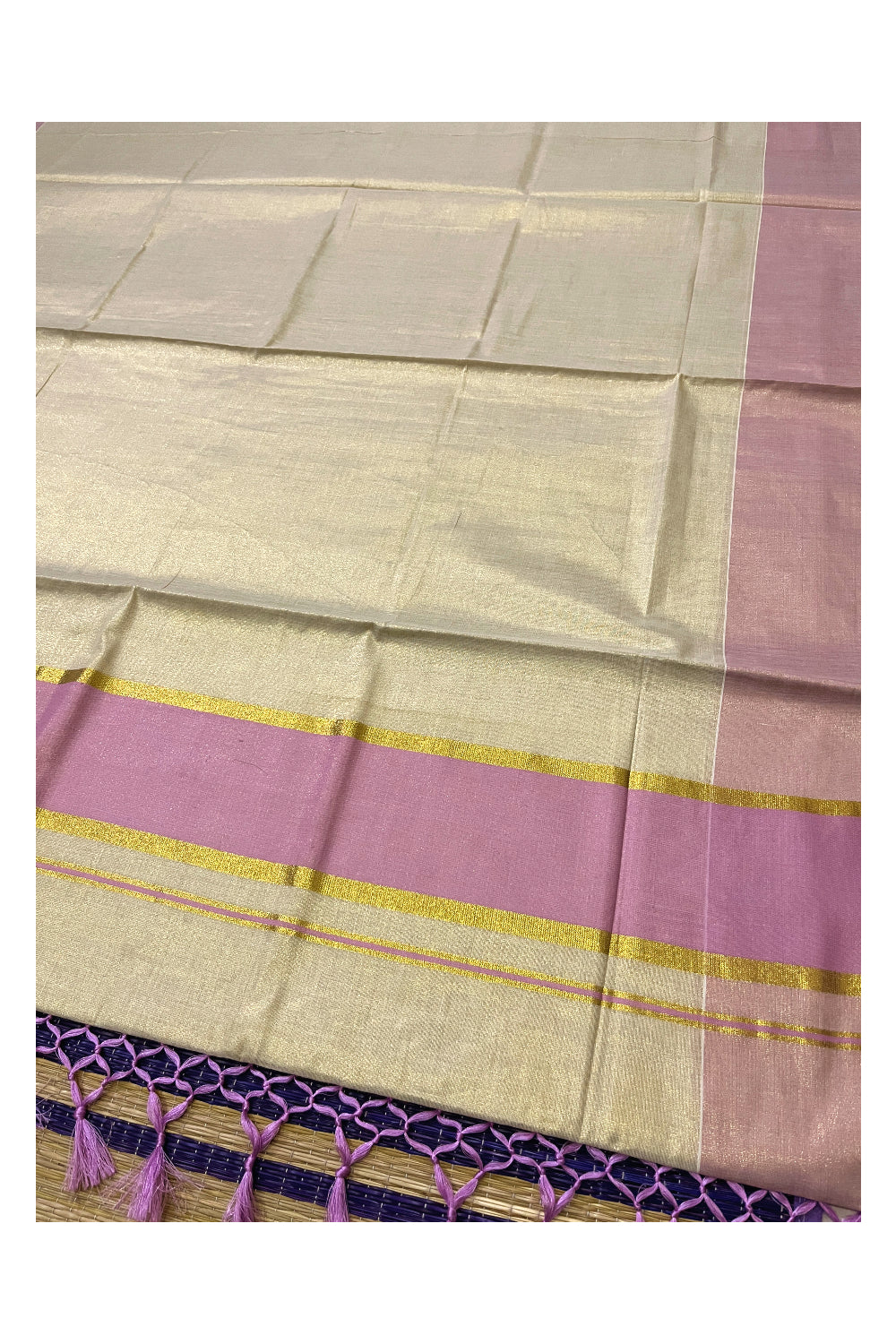 Kerala Kasavu Tissue Plain Saree with Lavander and Kasavu Border (Onam Saree 2023)