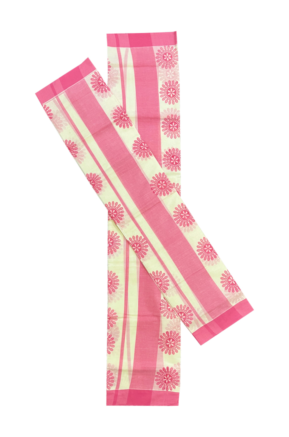 Pure Cotton Single Set Mundu (Mundum Neriyathum Onam 2023) with Pink Block Prints and Border