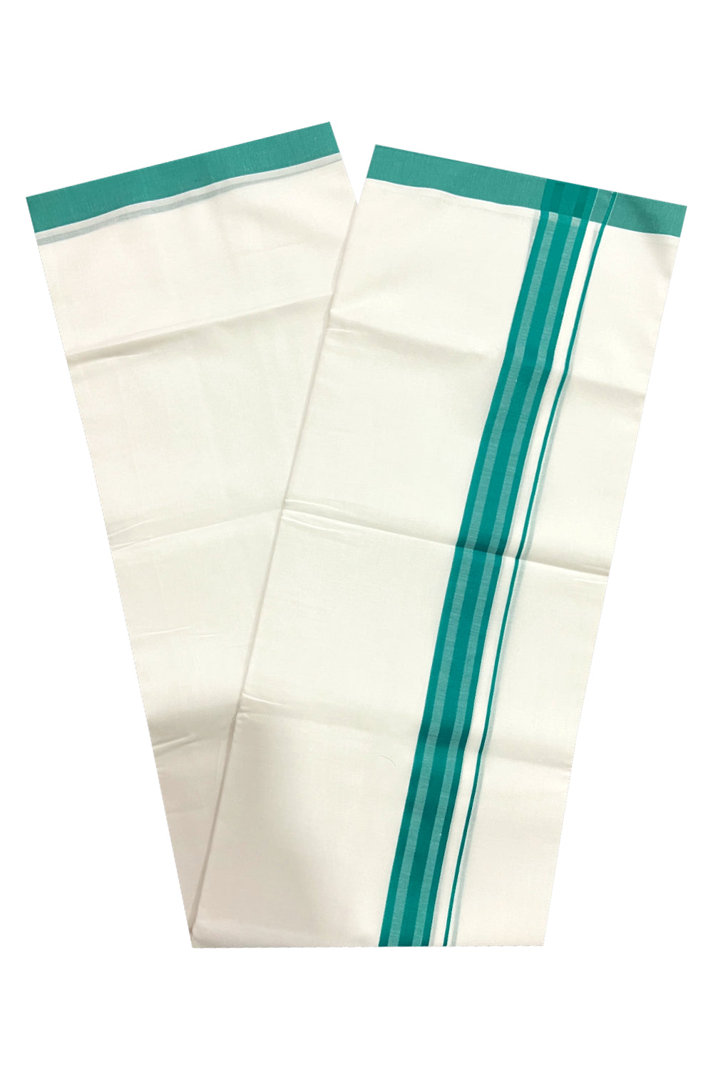 Pure White Cotton Double Mundu with Green Line Border (South Indian Dhoti)