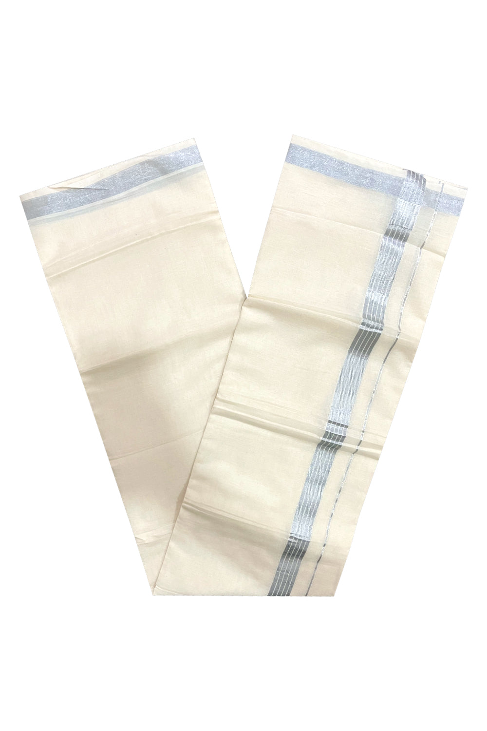 Pure Cotton Off White Double Mundu with Silver Lines Kasavu Border (South Indian Dhoti)