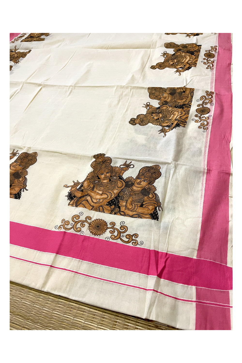 Kerala Pure Cotton Saree with Brown Krishna Radha Prints and Pink Border