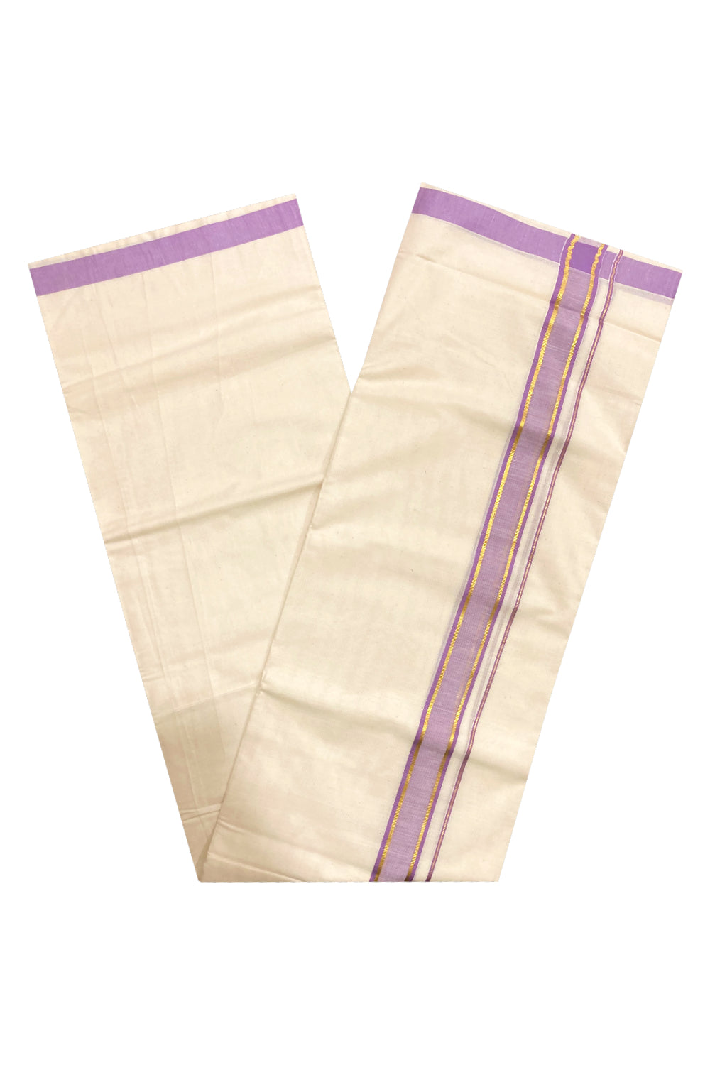 Pure Cotton Double Mundu with Violet and Kasavu Border (South Indian Dhoti)