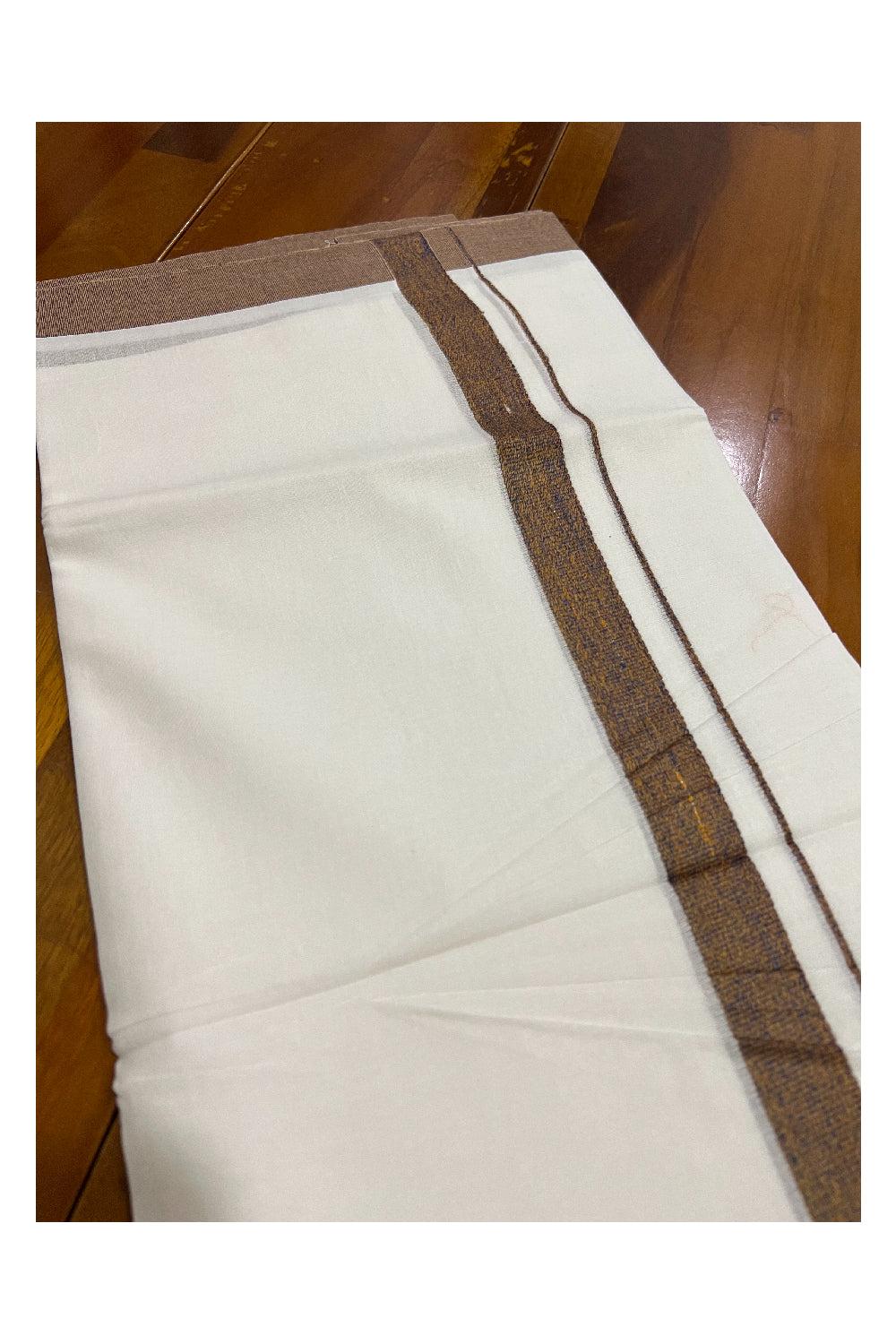 Pure White Kerala Cotton Double Mundu with Brown Border (South Indian Dhoti)