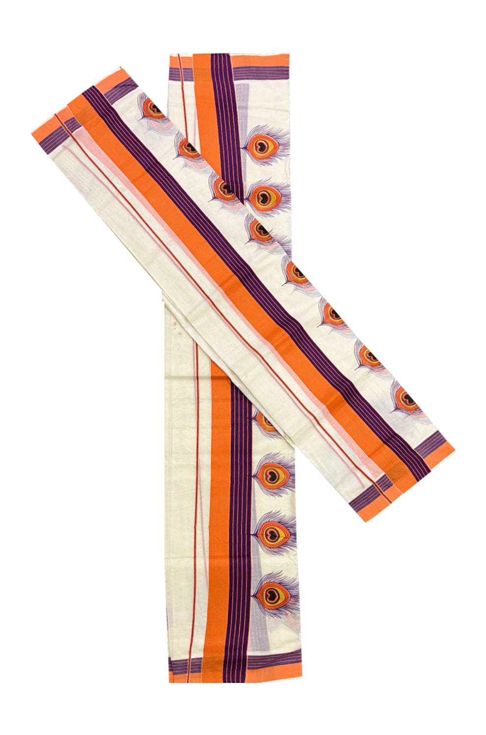 Kerala Cotton Set Mundu (Mundum Neriyathum) with Orange Mural Feather Prints and Violet Orange Border