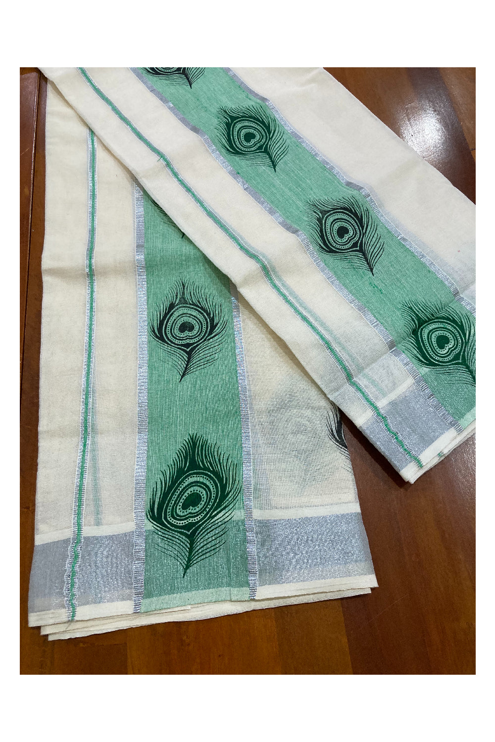 Kerala Cotton SIlver Kasavu Set Mundu (Mundum Neriyathum) with Black Feather Block Prints on Light Green Border
