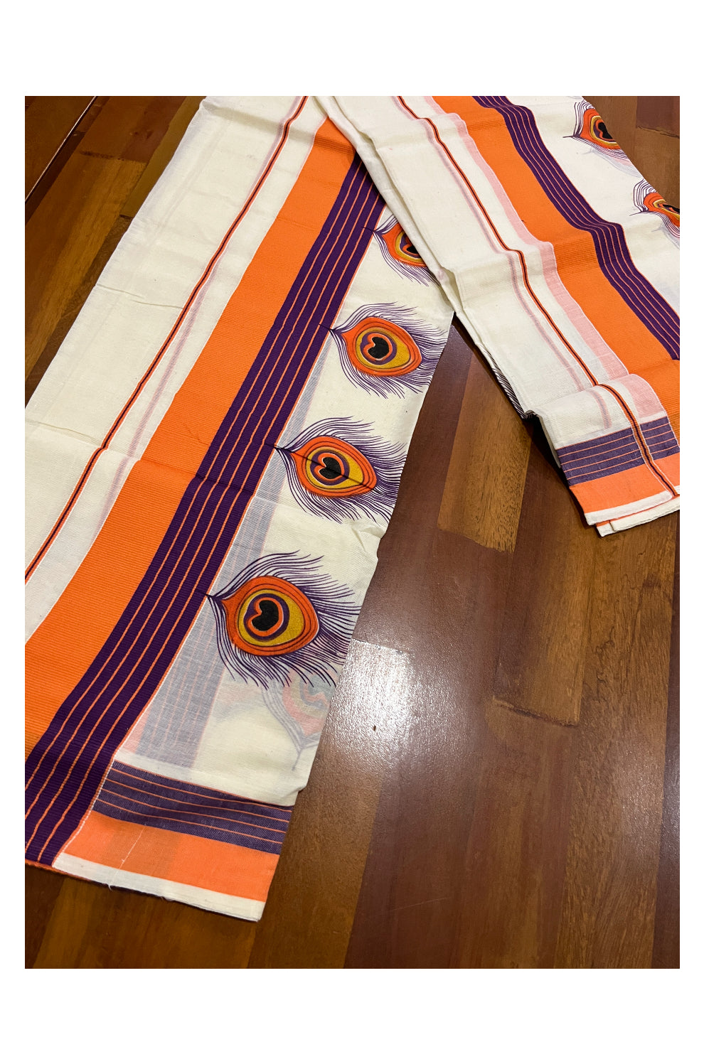 Kerala Cotton Set Mundu (Mundum Neriyathum) with Orange Mural Feather Prints and Violet Orange Border