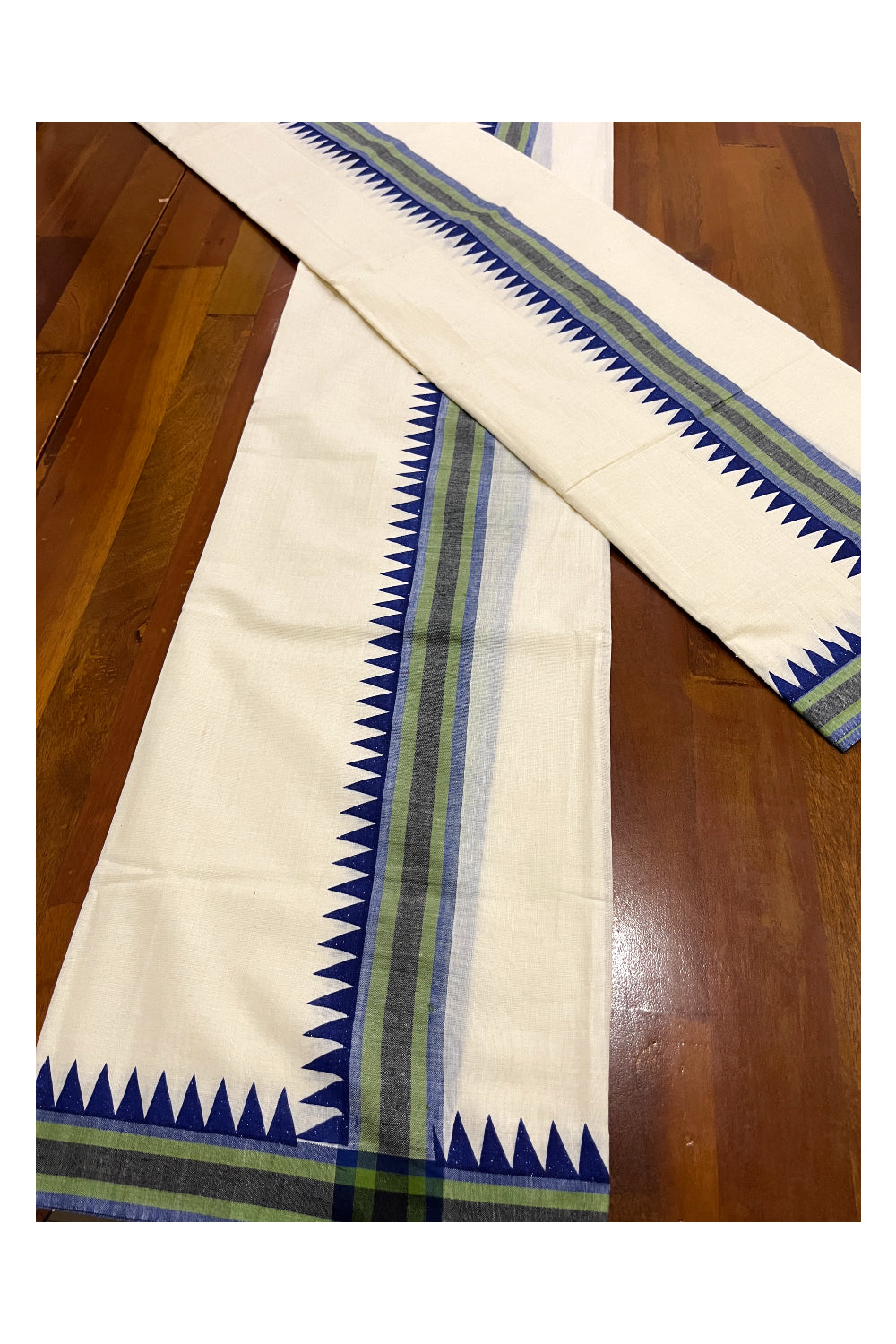 Kerala Cotton Mulloth Mundum Neriyathum Single (Set Mundu) with Blue Temple Block Prints Border (Extra Soft Cotton)