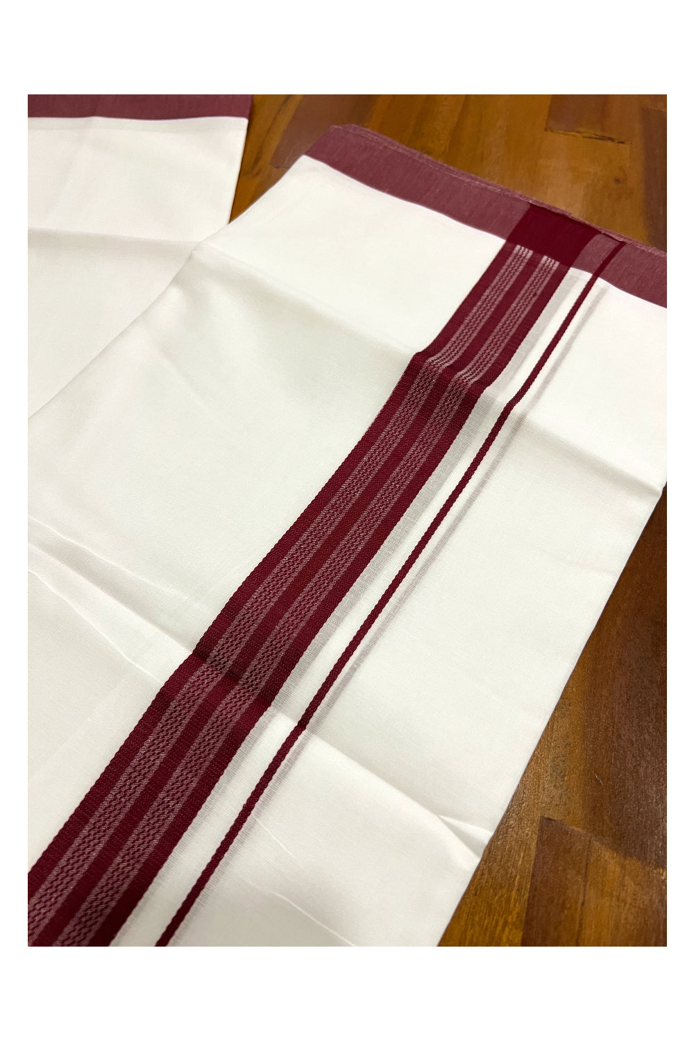 Pure White Cotton Double Mundu with Maroon Border (South Indian Dhoti)