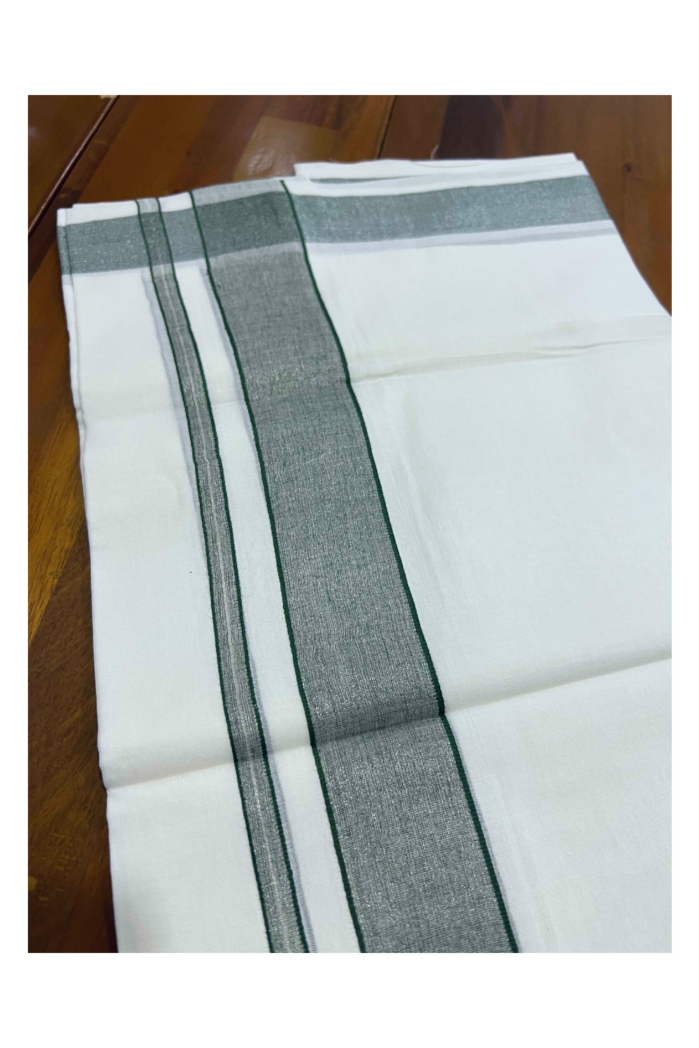 Pure White Cotton Mundu with Silver Green Kara (South Indian Dhoti)