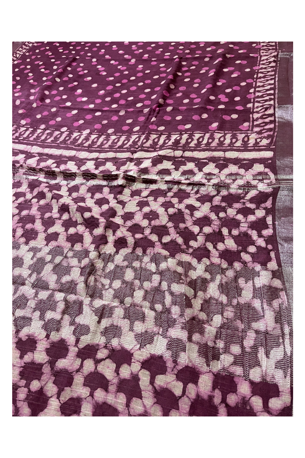 Southloom Linen Designer Violet Saree with Fabric Prints on Body and Tassels Works