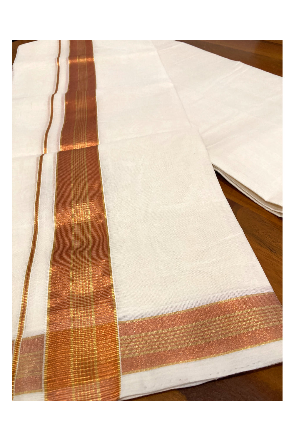 Southloom Premium Handloom Cotton Off White Mundu with Orange and Kasavu Border (South Indian Dhoti)